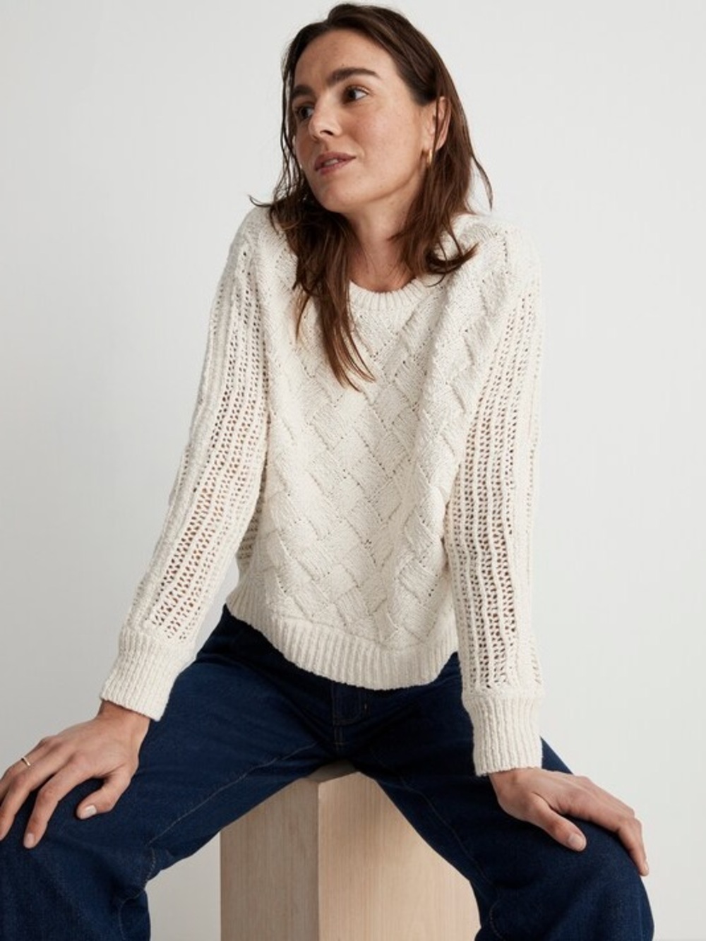 NWT Madewell Macomb Open Stitch Pullover Sweater Antique Cream Net Crochet